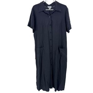 Monterey Bay Women's Black Maxi shirt Dress 2X drop pockets button front linen